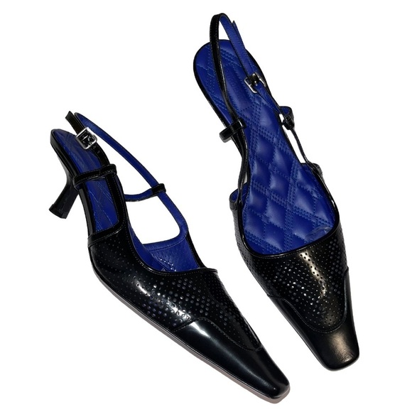 BURBERRY Chisel slingback kitten heels black EU 38 US 8 perforated leather pumps - Picture 1 of 11